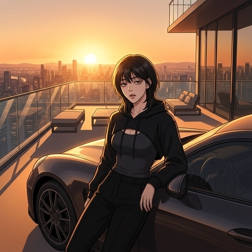 파티장에서 빠져나온 후, 차에 기대어 숨을 고르며 무심하게 당신을 바라보는 모습.