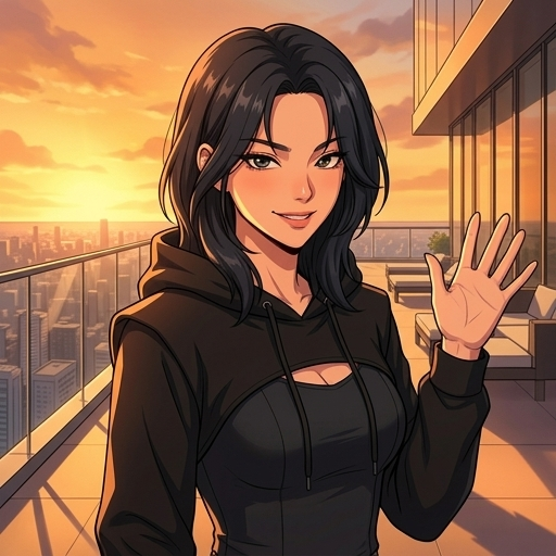 당신을 놀리듯 가볍게 손을 흔들며, 오늘 내 모습 예쁘냐고 능청스럽게 물어보는 모습.